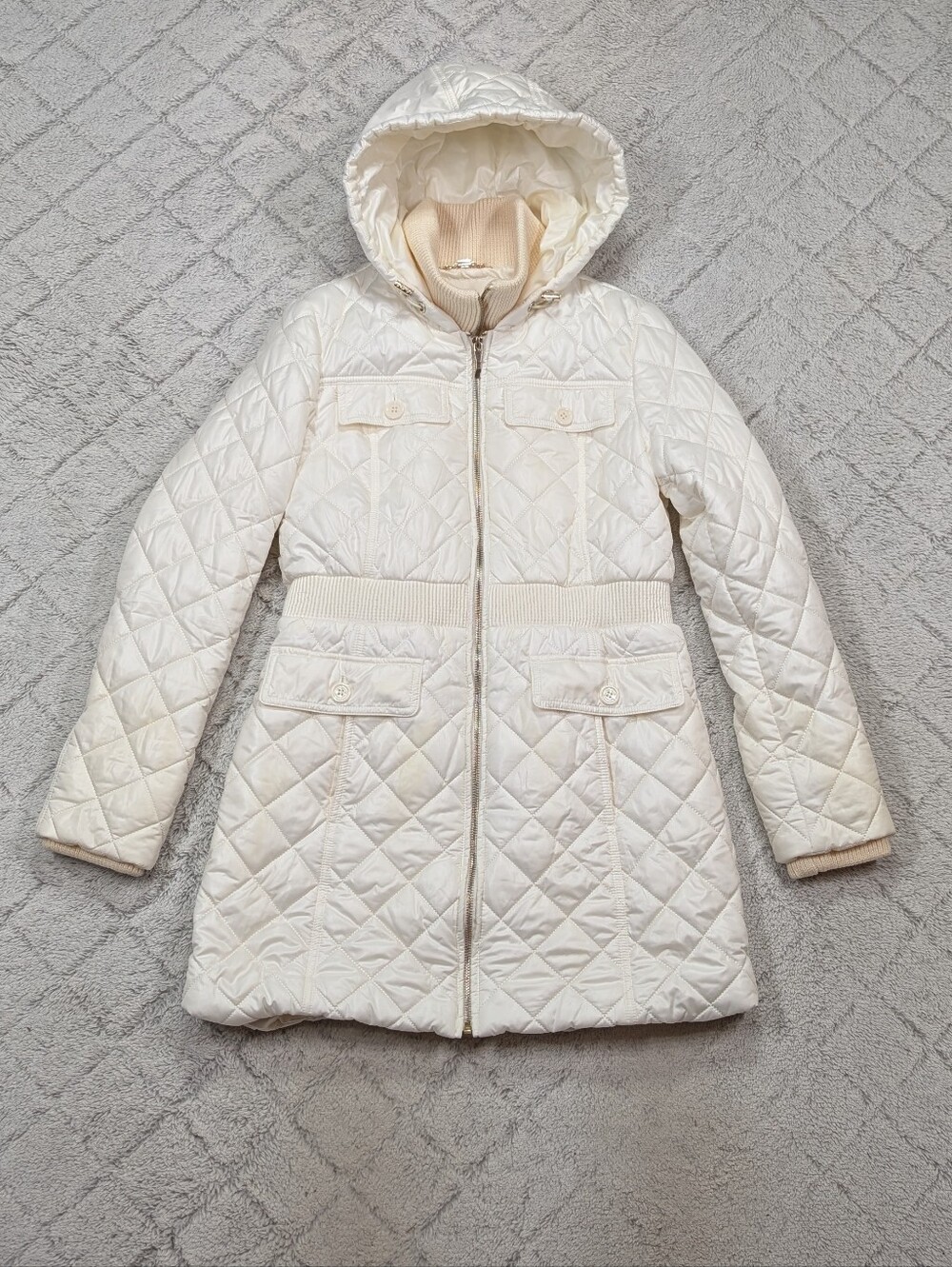 Kate Spade Jacket Womens M White Ivory Quilted Insulated Hooded Full Zip Winter